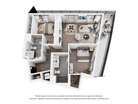 Floor plan for 2 beds, 2 baths, 1005 sqft